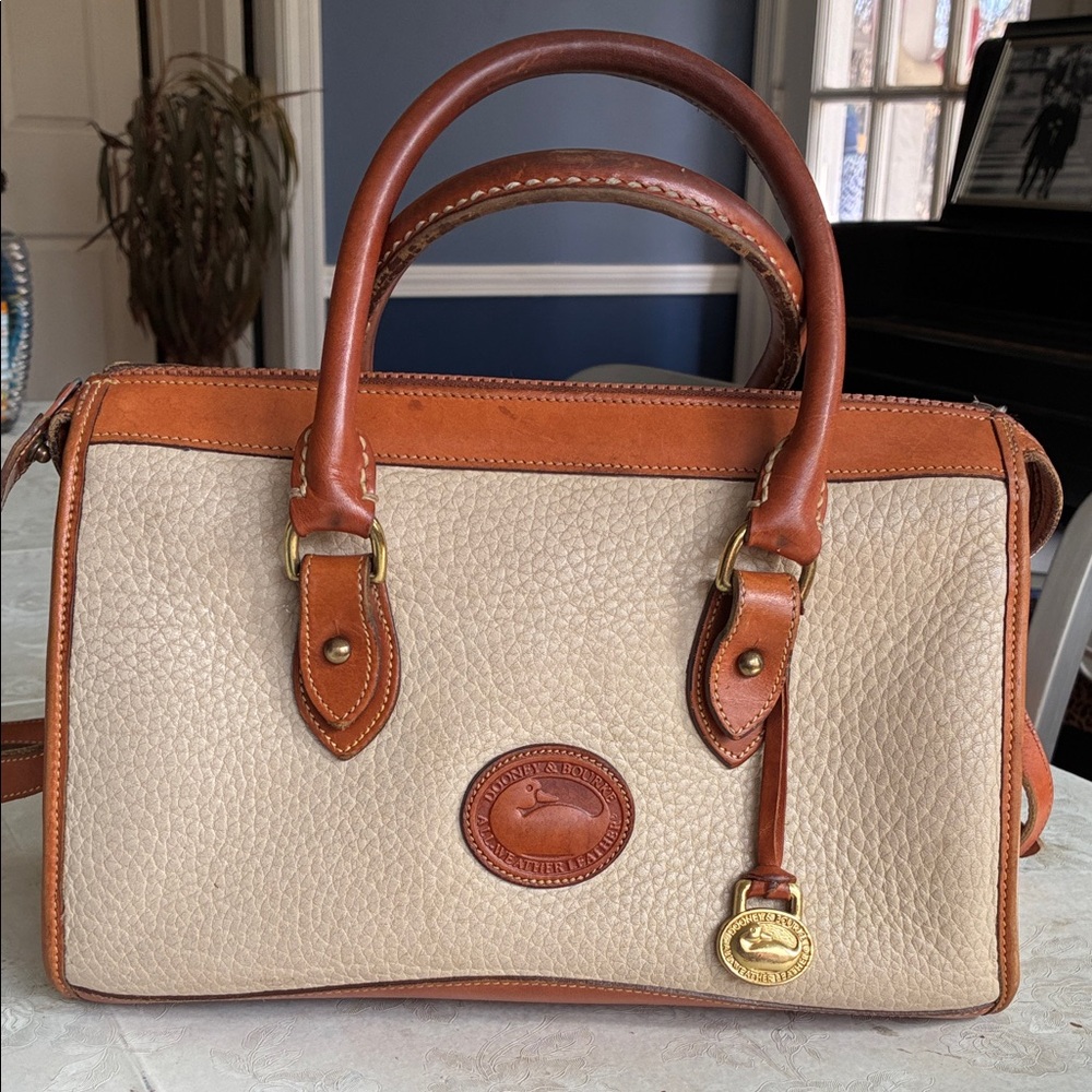 Dooney & Bourke cream Pebbled Leather Satchel with Brown Trim